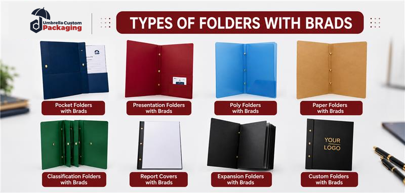 Different types of folders with brads for school, office, and business use